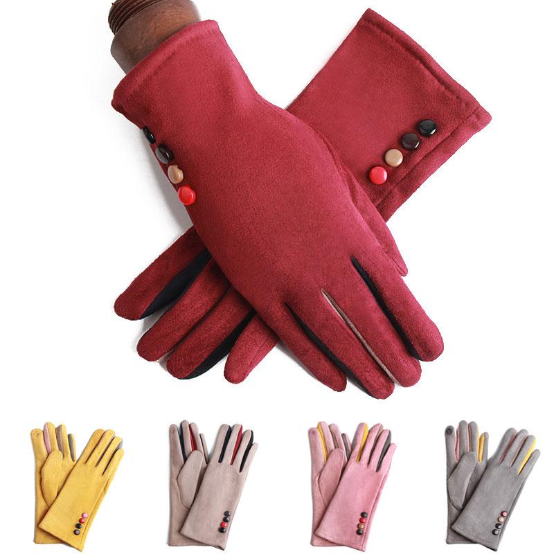 

2020 new Women Buttons Riding Cycling Mittens Winter Warm Cashmere Full Finger Gloves Suede Leather Touch Screen Driving Gloves