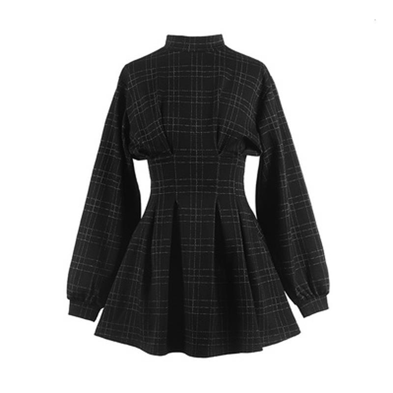 

women stand collar long sleeve balck plaid pleat ruched mini dress puff sleeve d1420 drop shipping, Black;gray