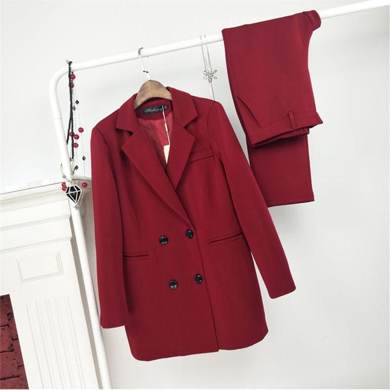 

Spring Autumn Plus Size Two-Piece Suit Women Office Set Double Breasted Blazer Elastic Waist Pencil Pants 2-piece Sets KW1000, Black