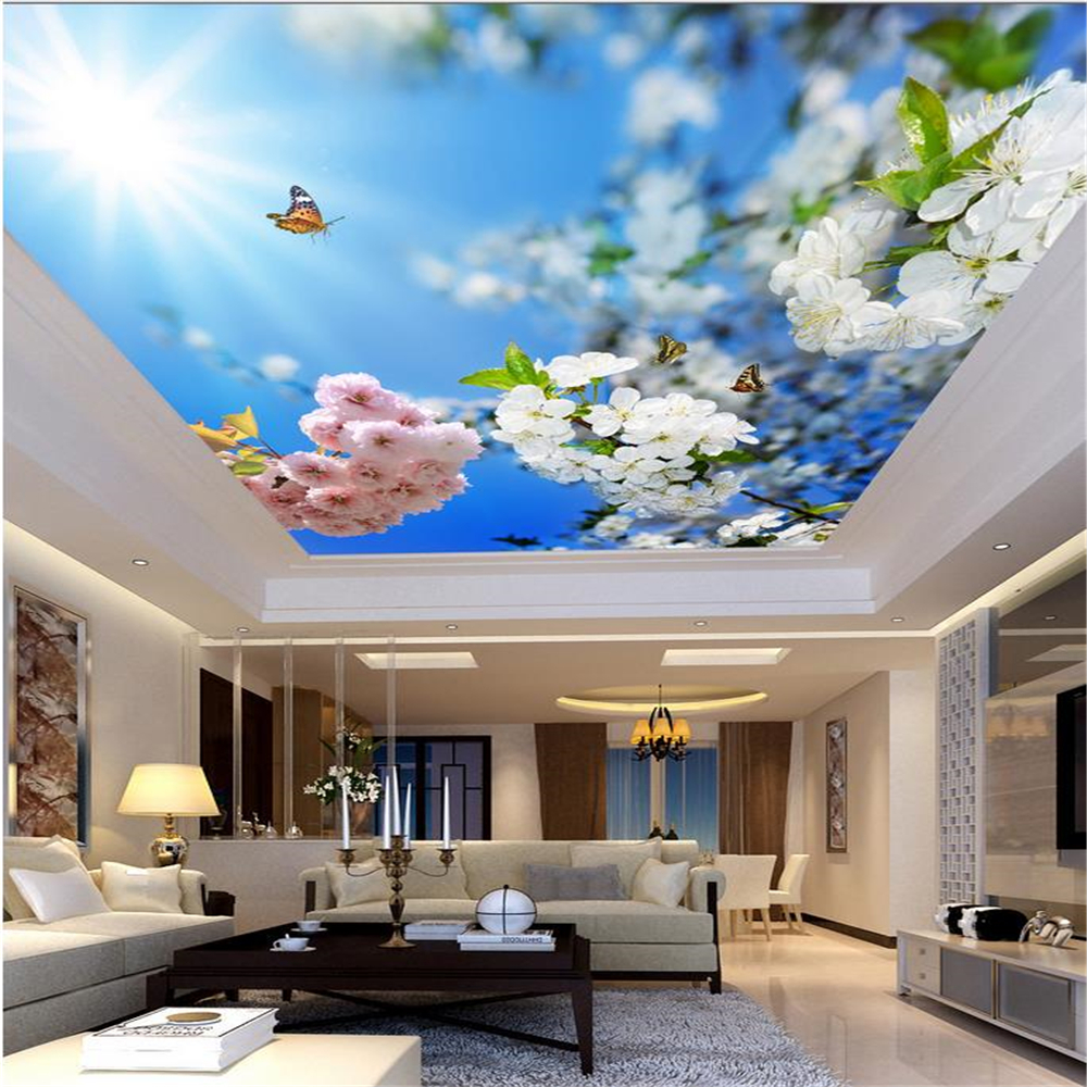 Beautiful sky ceiling wallpaper blue sky sunshine flower branches living room bedroom ceiling ceiling mural-image-629529139
