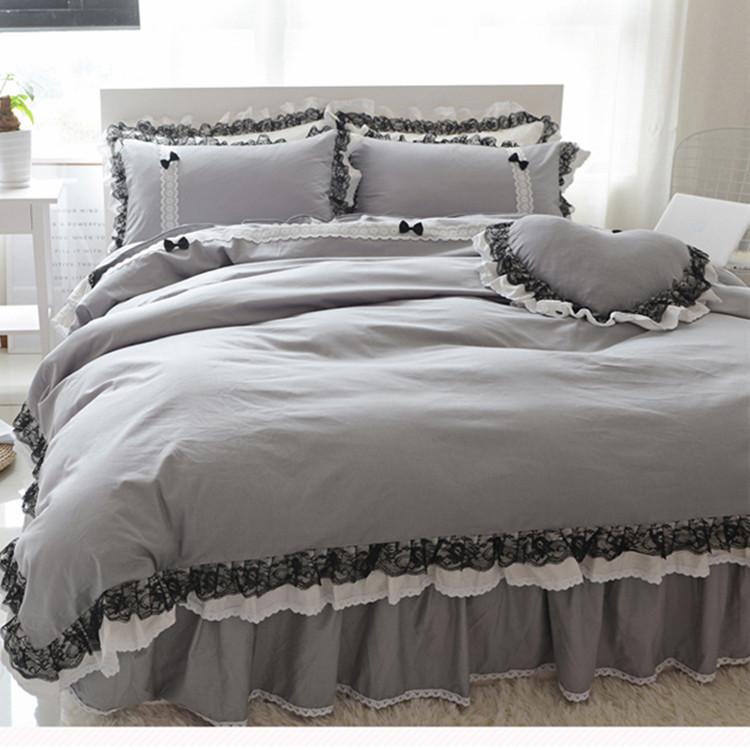 

Free shipping 3/4pcs 100%cotton Korean princess lace  full queen king size ruffle solid color bed skirt duvet cover set