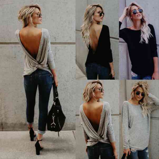 

Fashion Women Long Sleeve Twisted Open Back Loose Tops Casual Shirt Blouse, White