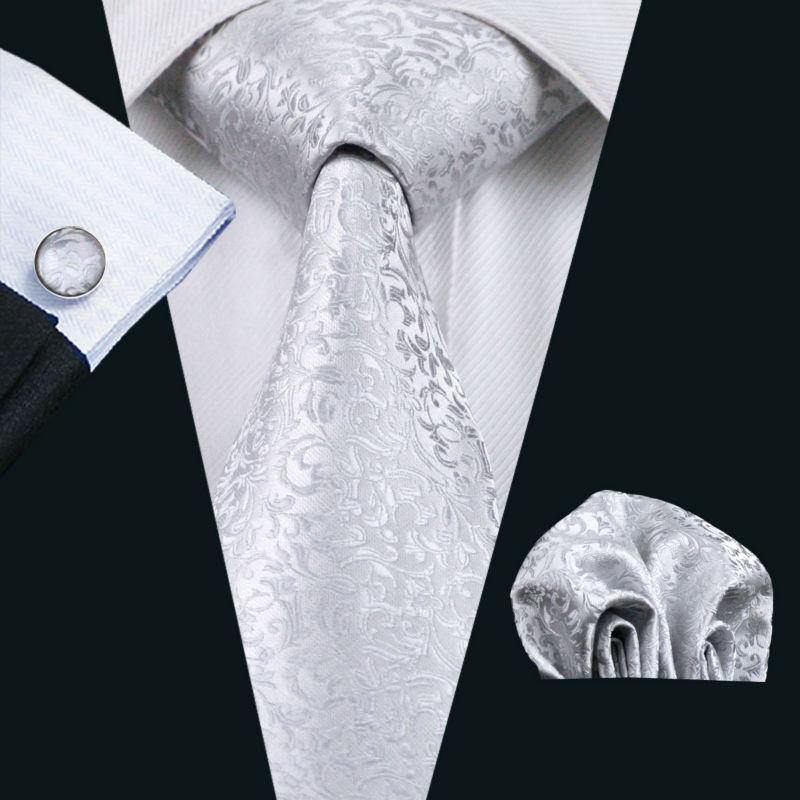

Men`s Tie Silver Novelty Jacquard Woven 100% Silk Brand Tie Hanky Cufflinks Set For Wedding Business Party Free Postage LS-1126