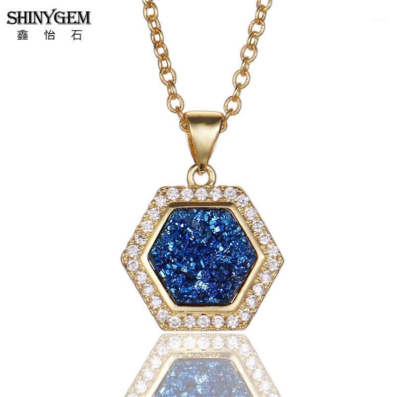 

ShinyGem New Arrival Hexagon Pendant Neckalce 3 Color Natural Crystal Druzy Necklace Pave Zircon Link Chain Women Gold Necklaces1