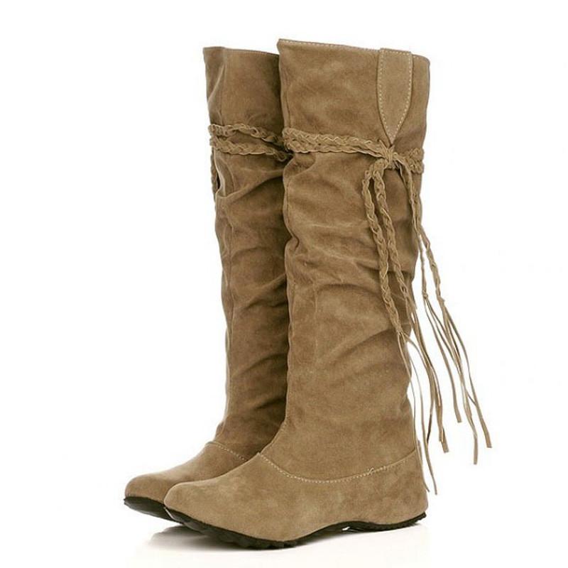 

Plus Size 34-43 Shoes Woman Knee High Boots Wedges Ladies Shoes Botas Feminina Tassels Lace-up Women Boots Zapatos Mujer XKD2102, Beige