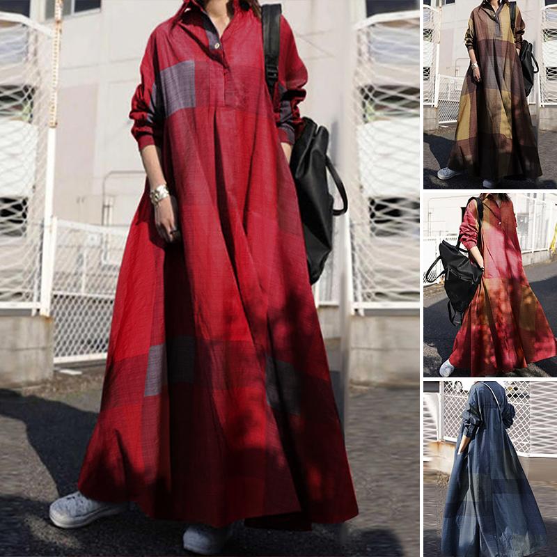 

ZANZEA 2020 Vintage Button Shirt Dress Women's Autumn Sundress Long Sleeve Maxi Vestido Female Casual Bagyy Robe Femme Plus Size, D white