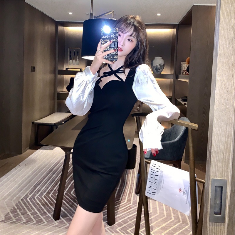 

2021 New Sexy female spring slash bow thin neck party night dress GPRR, Black