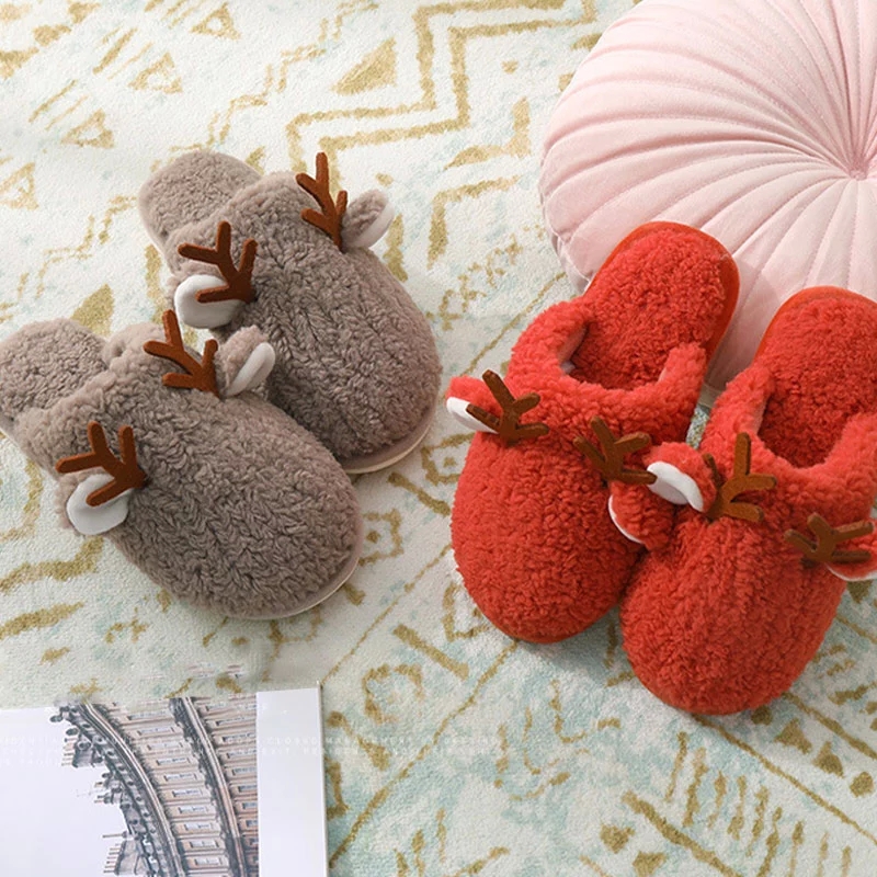 

Women Winter Slippers House Ladies Warm Shoes Couple Christmas Antlers Cute Home Slipper Female Footwear New Warm Plush Shoe #RK7X, Beige