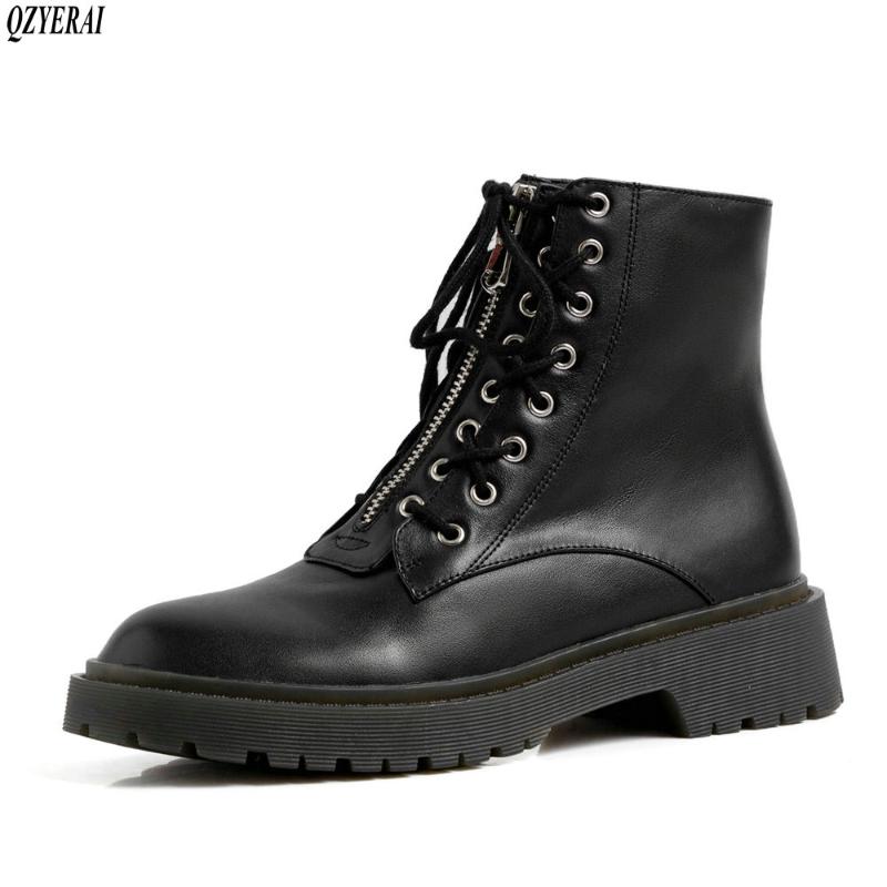

QZYERAI Front zipper Genuine leather Martin boots Women's boots The European Autumn and winter Female cowhide Women shoes, Black