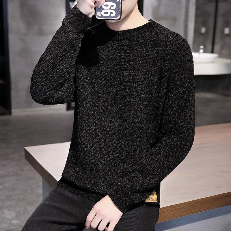

2020 New Men's Sweaters crewneck Long Sleeve Knitted Sweaters Needle Knitting soild color Warm Fit Sueter Hombre for, Black