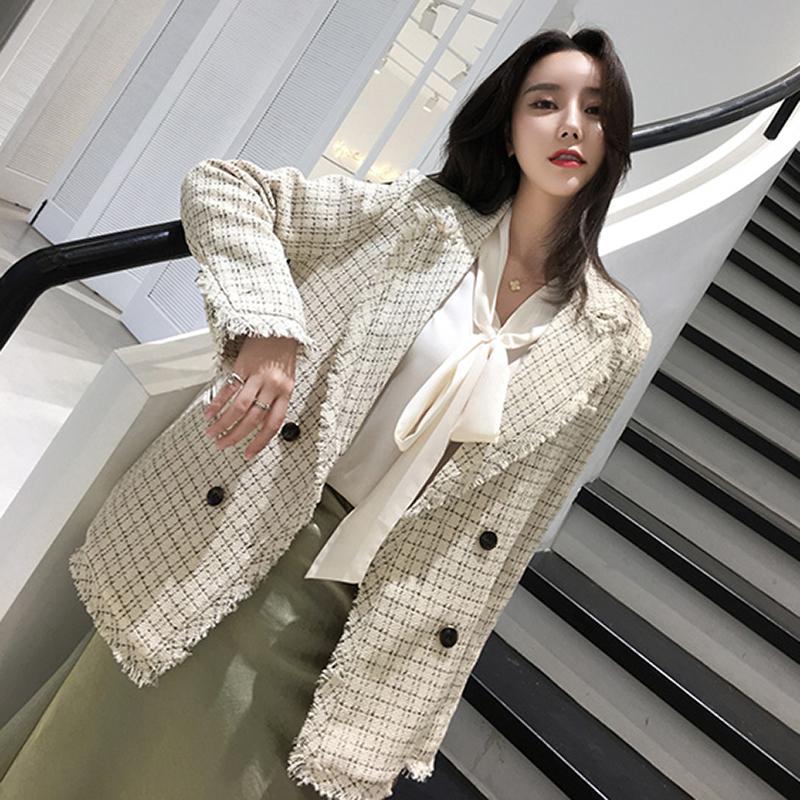 

Women Blazer Casual Office Plaid Jacket Autumn Notched Collar Long Sleeve Tweed Suit Ladies Jackets Double Breasted Blazer Coat, Black