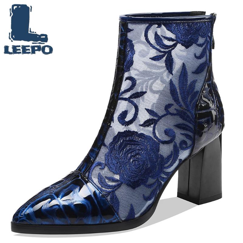 

Summer Boots for Women Cow Leather Net Perforated High Heels Pointed Toe Booties Woman Luxury Ankle Boots Sexy Hollow Mesh Shoes, Black