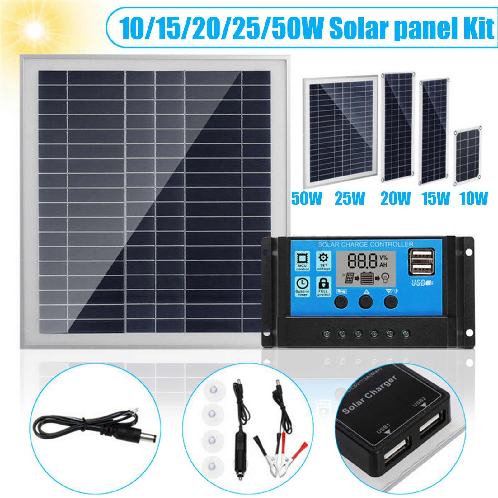 

Areyourshop Home Sundries 10/15/20/25/50W Solar Panel+Solar Controller Fit For RV Boat Car Alligator Clip Tool Electrical appliances Parts