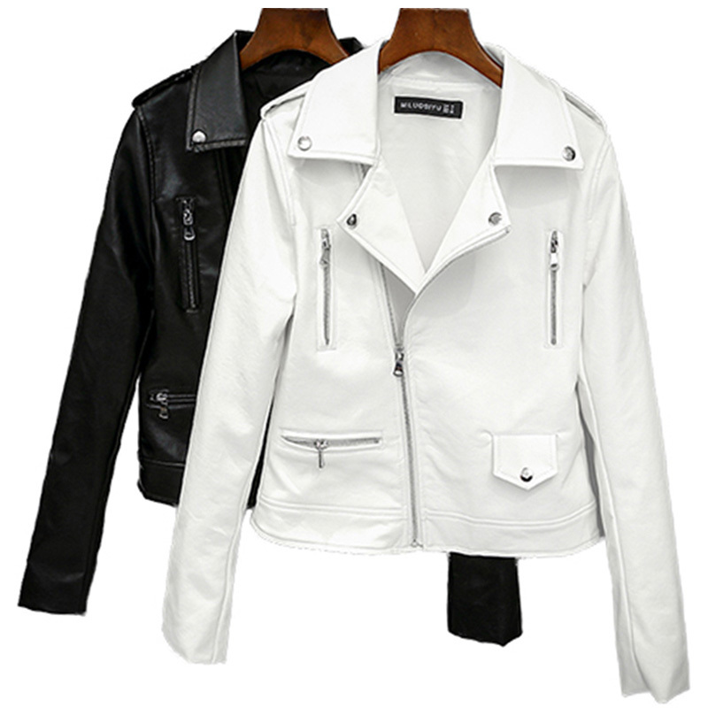 

2021 Spring New Fall Women the Female Soft Outwear Casual Engine of Plutonium Bicycle Black Leather Jacket MXQZ, White.