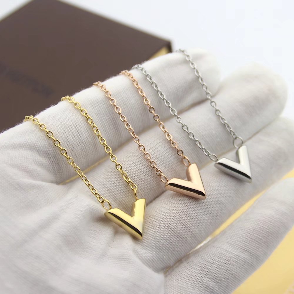 

High quality summer design easy chic simple letter pendant V thin choker necklace Stainless Steel Gold silver rose filled girls Women wholesale Jewelry 45cm-50cm