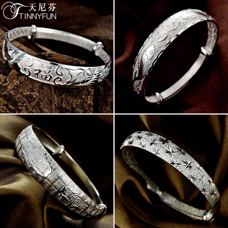 

Silver bracelet adjustable ladies sterling silver bracelet dragon and phoenix blessing word push-pull solid jewelry
