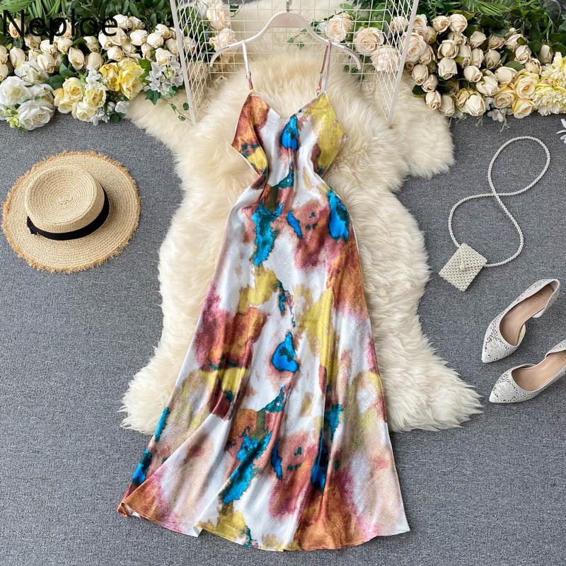 

Neploe Seaside Holiday Women Sling Dress Korean Irregular Printing Dresses 2020 Summer Sexy V-neck Strapless Vestidos 4D346, Pic color