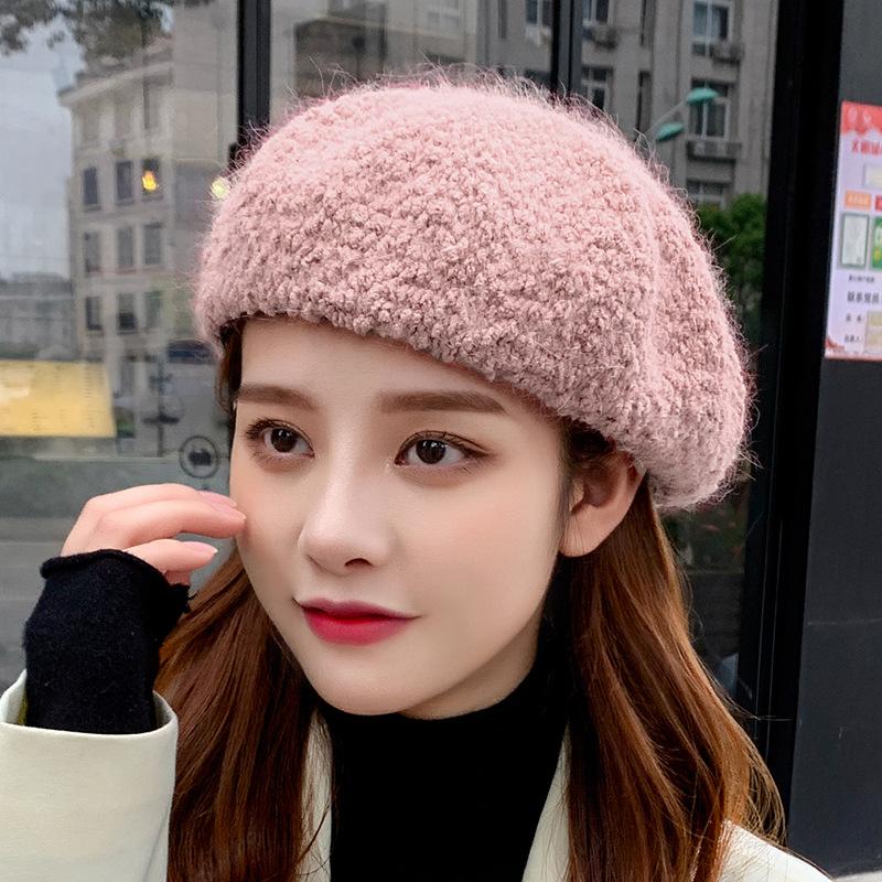 

Sparsil Women Winter Beret Cap Solid Color Female Knitted Hats, Pink