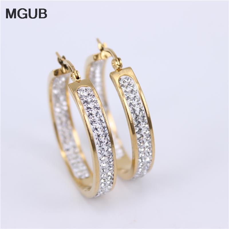 

25MM-35MM Gold Color stainless steel Rhinestones Circle Hoop Earrings for Women Jewelry fashion Gift LH782