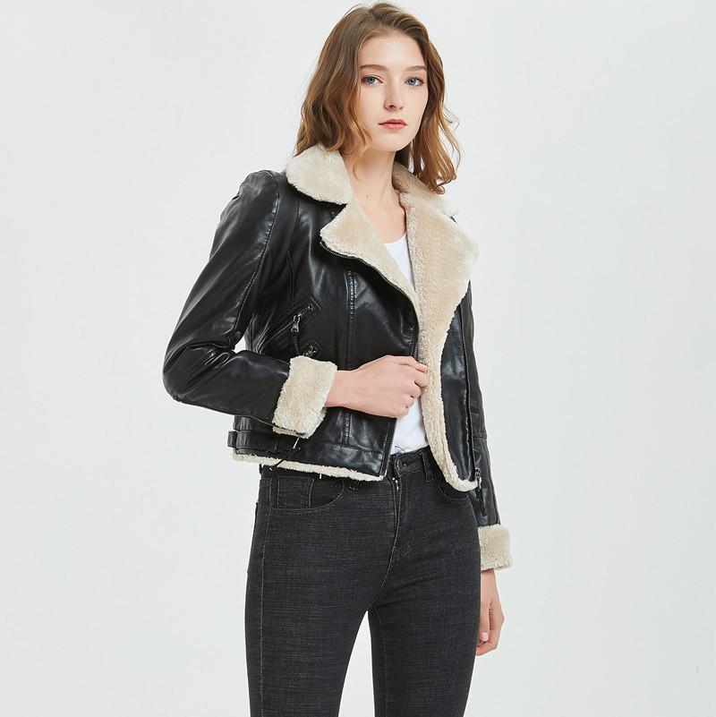 

Long Sleeve Autumn Winter Woman Jacket Coat Fleece Faux Leather Woman Jackets, Black