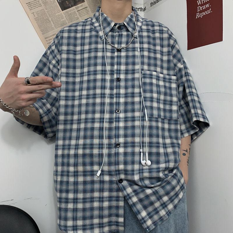 

2020 Summer New Youth Popular Men's Korean Version Of Ins Lattice Loose Five-point Sleeve Shirt Fashion Casual Shirt Jacket, Blue