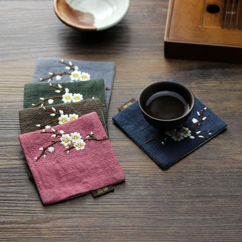 

Table Mat Tableware Fabric Flower Pad Silk Cup Cotton Embroidery Placemat Pad Kitchen Accessories 10 Colors Table1