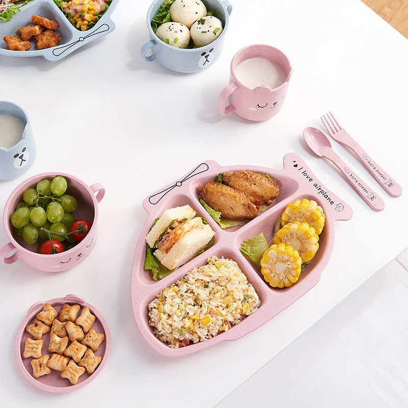 

Nordic Children Tableware Set Wheat Straw Airplane Shape Dishes Plates Fork Spoon Creative Dinner Plates for Child Baby