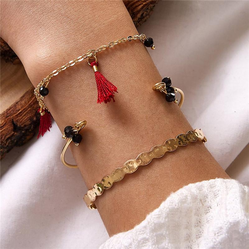 

HuaTang 3pcs/set Boho Tassel Crystal Pendant Bracelet Set for Women Multilayer Open Bangle Female Adjustable Cuff Jewelry