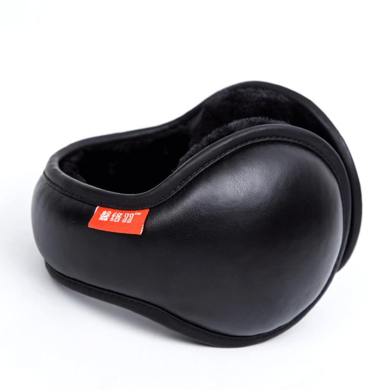 

Winter Earmuffs for Men Foldable Ear Warmers British Style Plaid Plush Ear Muff Adjustable PU Leather Earcap Back Wear Cover, Black