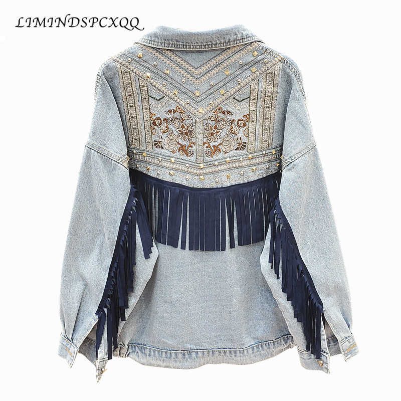 

Jean 2021 New Jacket Embroidered Floral Suede Fringe Autumn Designer Woman Clothes Party Wear T8n1 8F11, Navy blue.