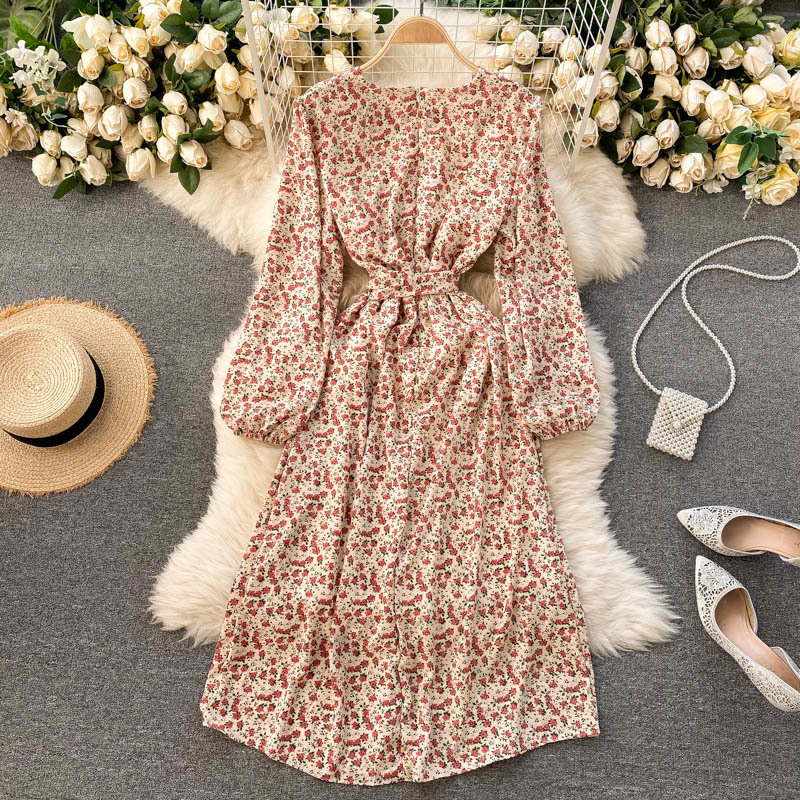 

2021 New Singiny female floral print puff neck the line dressed spring bow beach string long dress WYQE, Floral apricot
