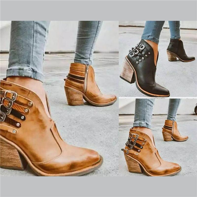

2021 Female Autumn Winter PU Leather Cowboy Ankle Boots Bukle Women Wedge High Heel Booties Botas Mujer, Black