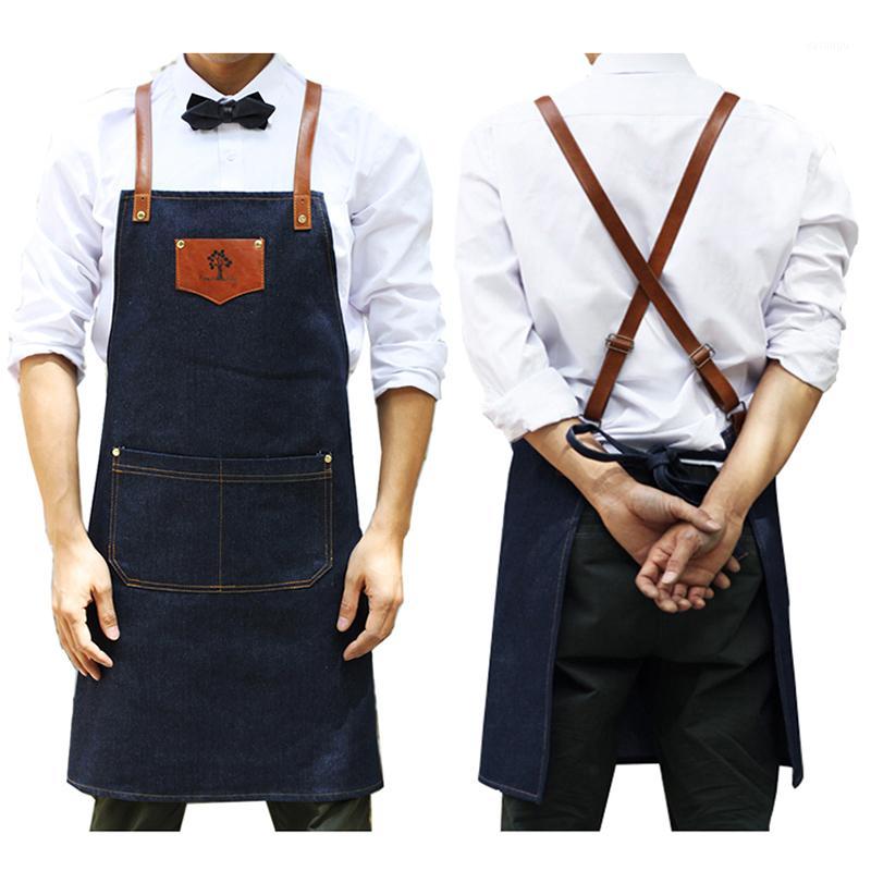 

New 2020 BBQ Denim cowboy Apron Bib Leather Straps Chef Kitchen Apron for Women Men Pockets barber cook Restaurant Waitress Logo1
