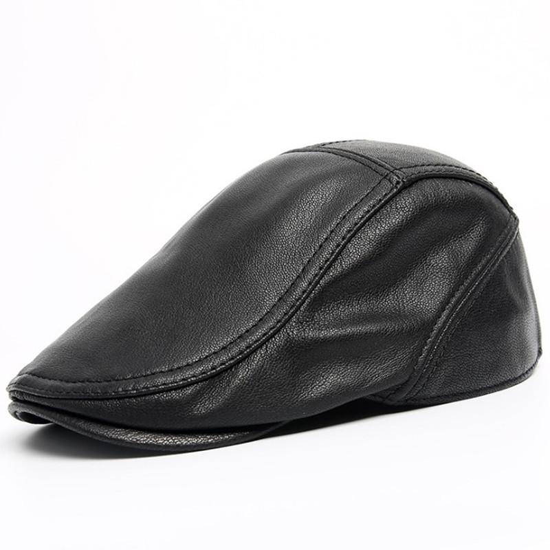 

XdanqinX New Natural Genuine Leather Cap Berets Men's Warm Sheepskin Beret Hat Adjustable Size Middle-aged Dad Brand Tongue Caps, Black