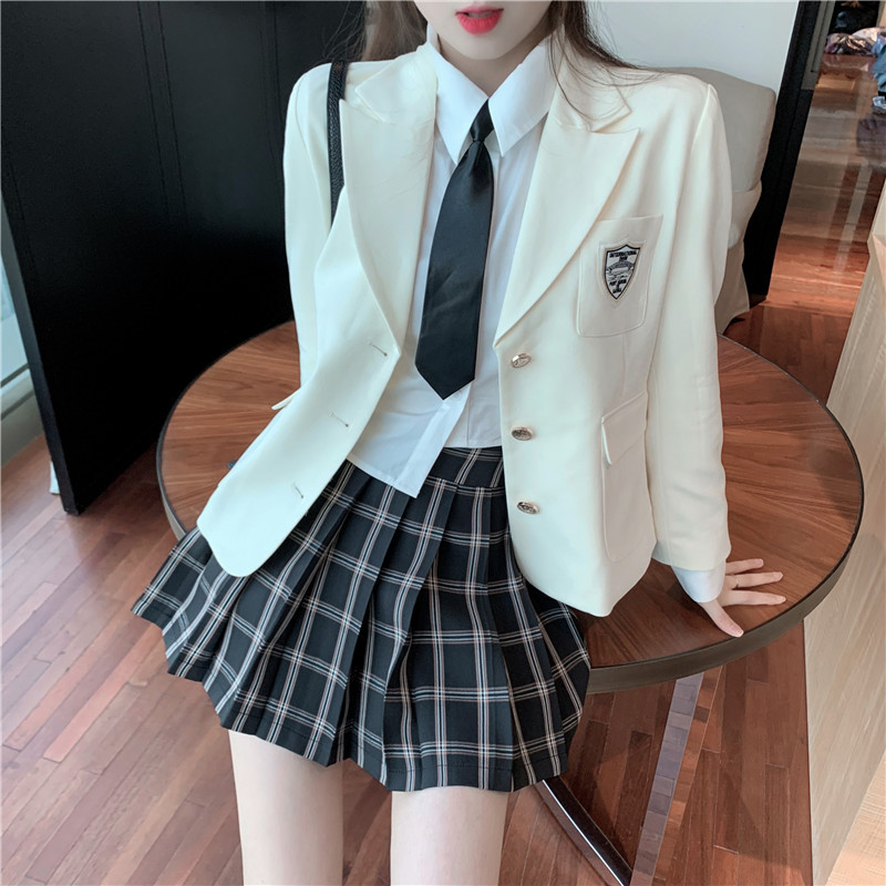 

2021 New 3 Women' *skirt Plied Kawaii-style Autumn Matching Sets Blazer Bow Shirt Suit Skirt NI6I, White