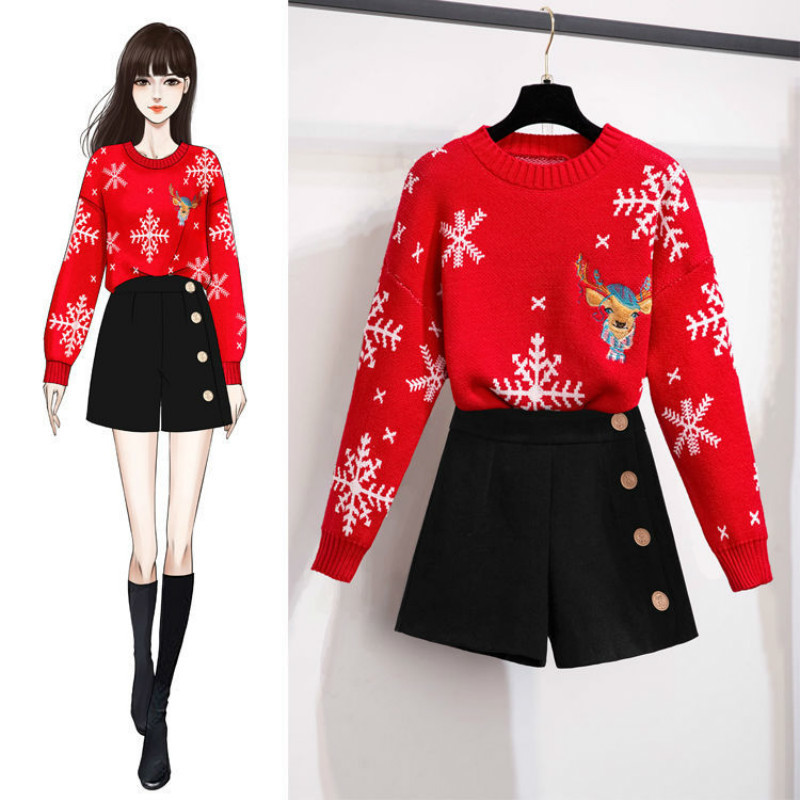 

2021 New padro veado bordado 0-pescoo grosso natal + cales de  terno camisola vermelha 2 peas inverno feminino AB5P, Suit
