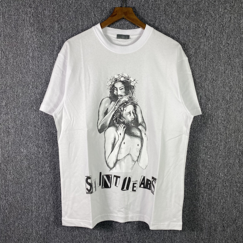 

Black T Shirt Men Vintage Saint Print High quality Cotton Short Sleeve TShirts Hip Hop Oversize Tee Real Pics, Fg558 black