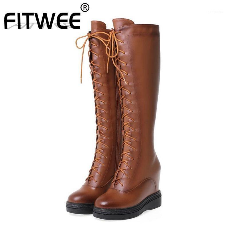 

FITWEE Women Genuine Leather High Heels Knee High Boots Wedges Cross Strap Platform Winter Warm Long Boots Footwear Size 32-401, Black