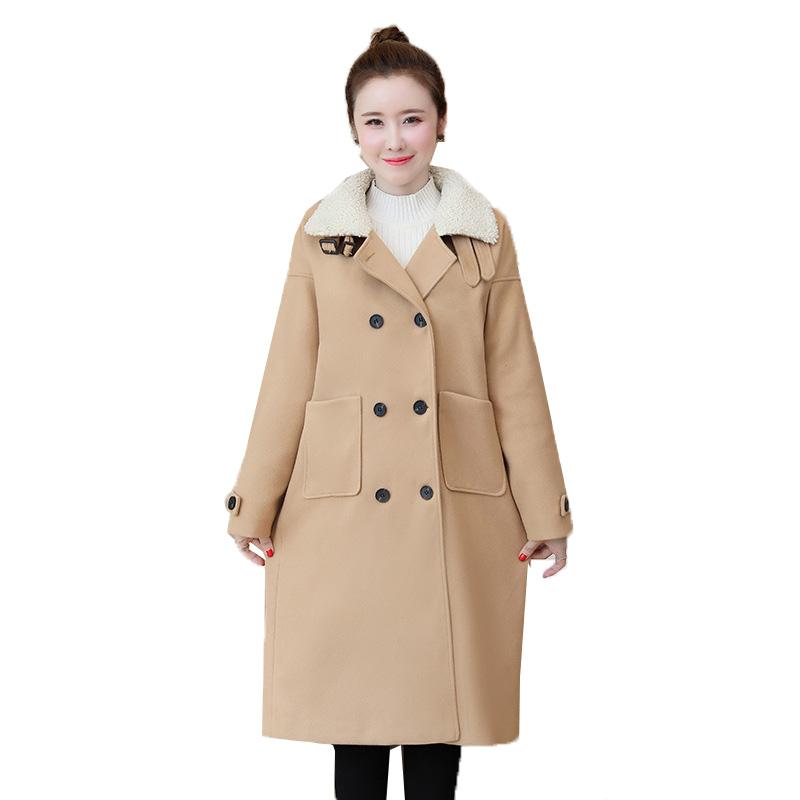 

4XL Large Size Women's Wool Coat Double breasted Blended Woolen Jacket Long Khaki Autumn And Winter Pocket Coat Outwear 2021