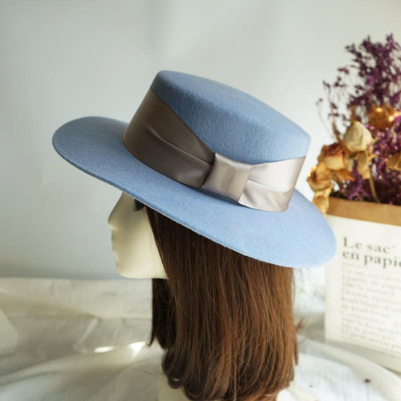 

202010-panshi-blue autumn winter Special sky blue wool ribbon lady fedoras cap men women leisure panama jazz hat, White
