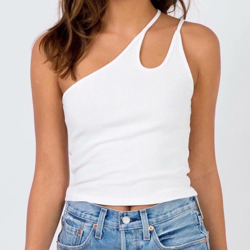 

Sexy One Shoulder Camisole Women White Black Ribbed Knitted Crop Tops Tanks Casual Party Club Hollow Out Single Strap Camis Vest