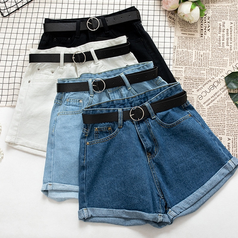 

AF All Match Sashes Casual Women Denim Shorts Crimping High Waist Slim Jeans Shorts for Summer Wide Leg trouser Black White Blue Y200822, Dark blue