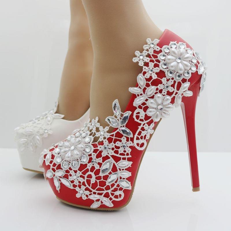 

2021 spring and summer new sexy large size women's high heels round red rhinestones shallow mouth bridal shoes lace pearl single, 12cm white