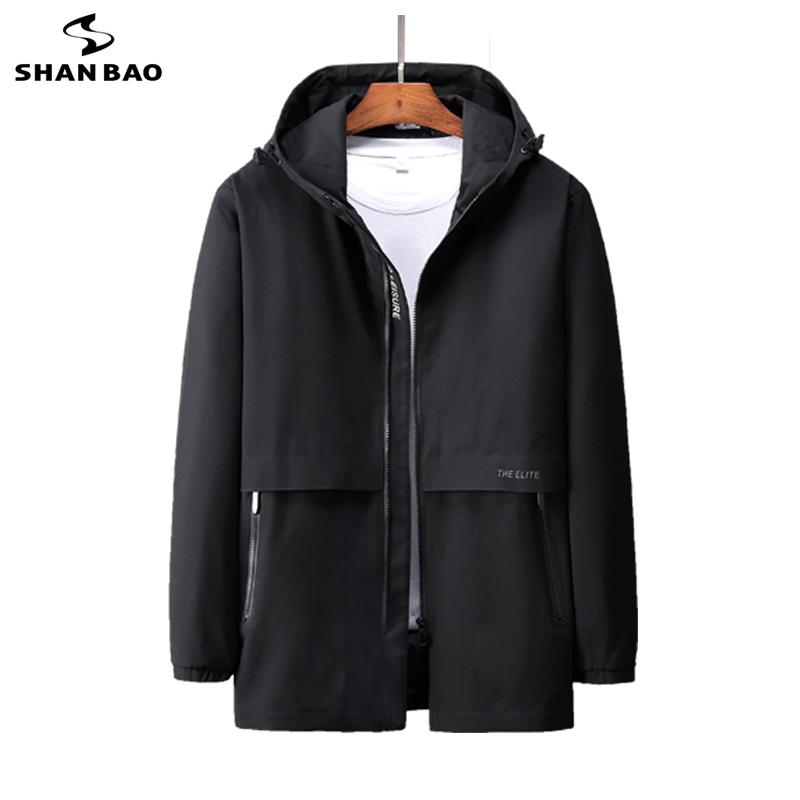 

SHAN BAO zipper pocket high quality men Long trench coat 2021 spring classic fashion youth casual hooded jacket 5XL 6XL 7XL 8XL, Black