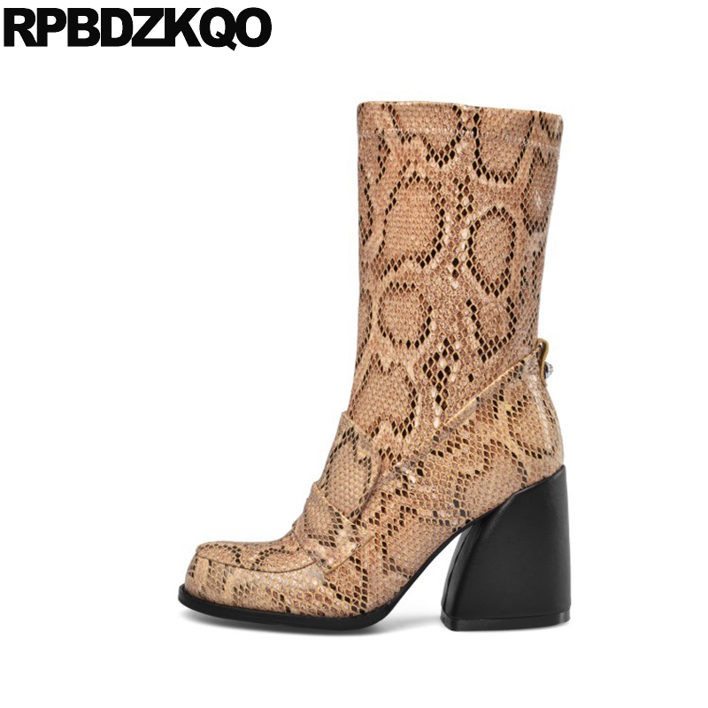 

mid calf 2020 block big size side zip boots brand snakeskin 10 chunky women high heel european winter round toe plus snake shoes, Black