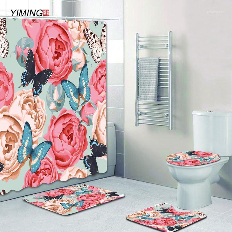 

180x180 Bathroom Curtain Set 3D Peony Flower Anti-slip Carpet Toilet Mat Shower Curtain Set Bathroom Decorative1