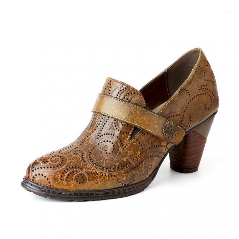 

YourSeason Women Genuine Leather Retro Pumps 2020 Spring Autumn Round Toe Sewing Handmade Ladies High Heels Hook & Loop Shoes1, Camel