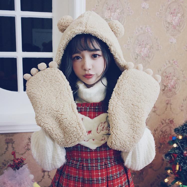 

Princess sweet lolita student scarf BOBON21 Plush velvet bear hooded one-piece gloves scarf AC1440