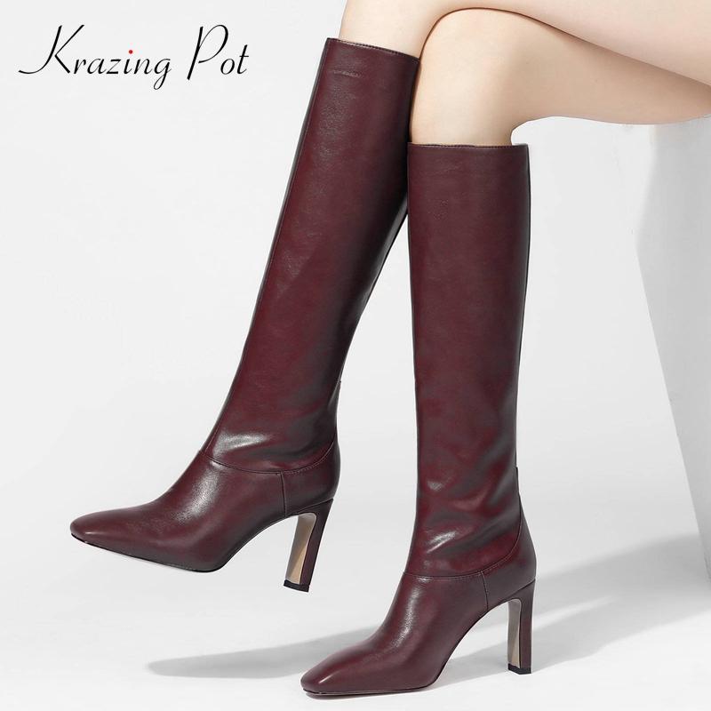 

Krazing Pot big size high street fashion handmade square toe super high heel slip on basic beauty lady dress knee-high boots L69, Brown