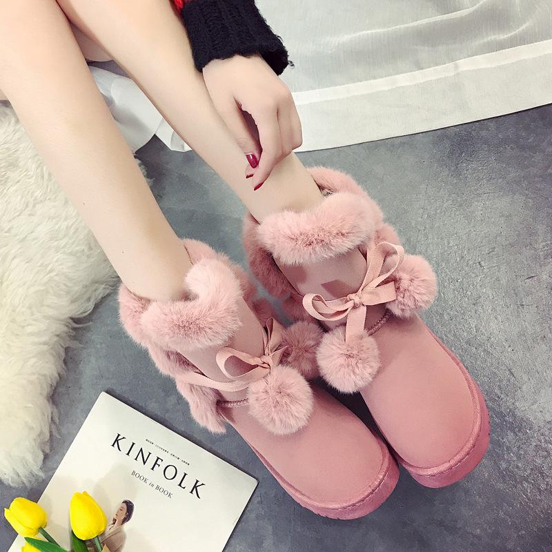 

Warm Fur Women Snow Boots Cute Suede Winter Shoes Fur Ball Mid-Calf Boots Female Fashion Non-Slip Snow Casual Shoe, Black